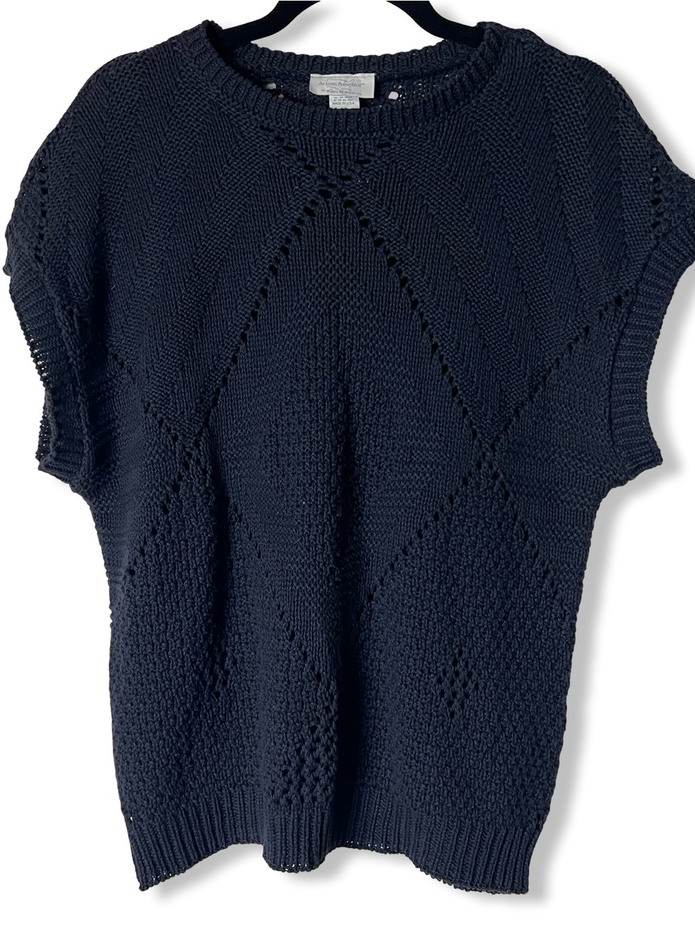 Preppy Across America By Knit Maven Vintage Hand Knit Sweater Navy Blue 80s Sz S